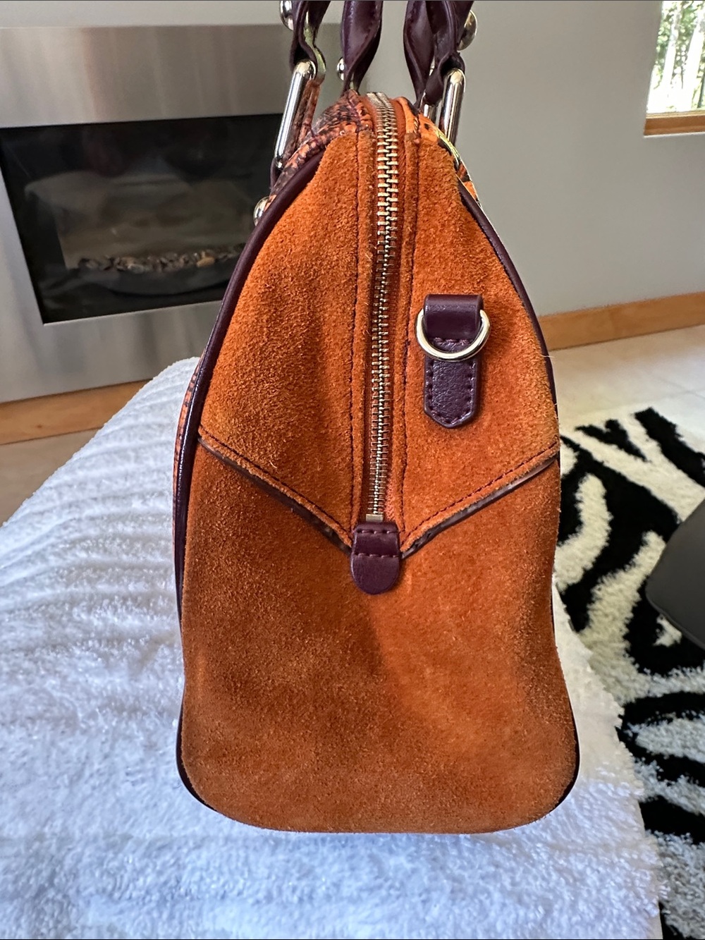 Sharif Orange & Burgundy Patterned Satchel with Gold Hardware - Picture 7 of 13